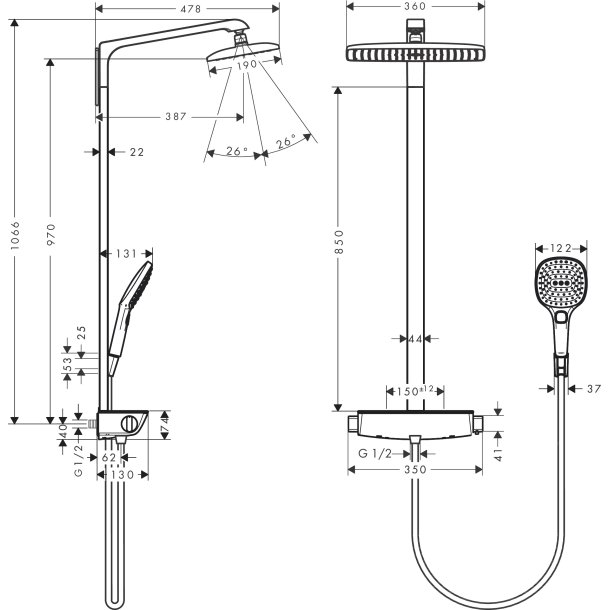 hansgrohe Raindance E Showerpipe 360 EcoSmart - 9 l/min - Krom