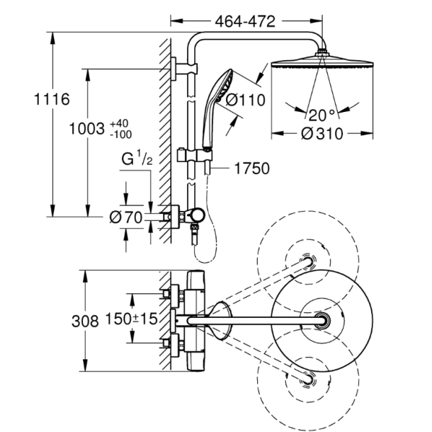 GROHE Euphoria 310 brusesystem med termostat til v�gmontering - B�rstet cool sunrise